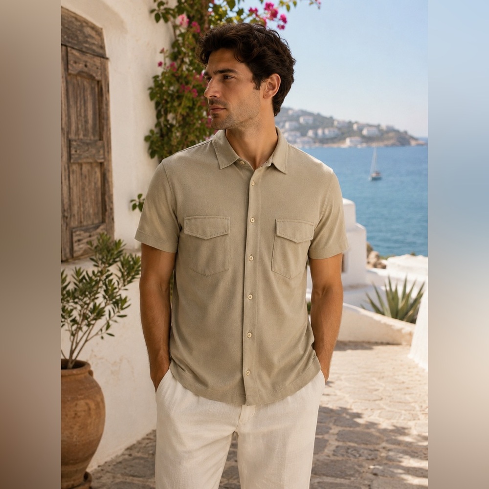 Massimo Dutti Mens L 40 Beige Cotton Pique Short Sleeve Utility Button-Up Shirt!